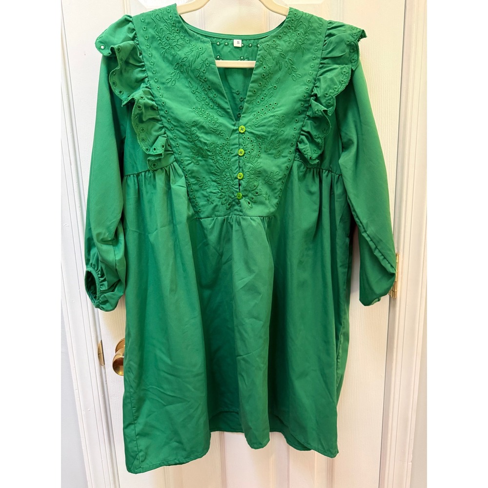 Green Eyelet Embroidered boho Mini Dress Long Sleeve V-Neck Cottagecore Small